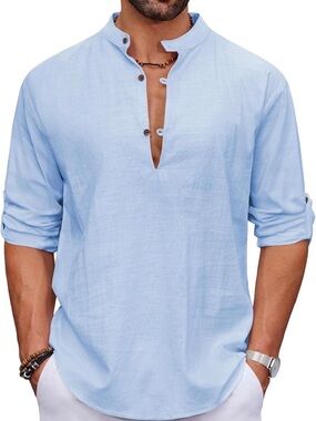 Men's Light Blue Mandarin Collar Casual Button-Down Shirt work party bbq